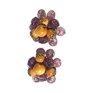 Vintage Western Germany‎ Beads Cluster Clip on Earrings Purple Pink Wood Gold